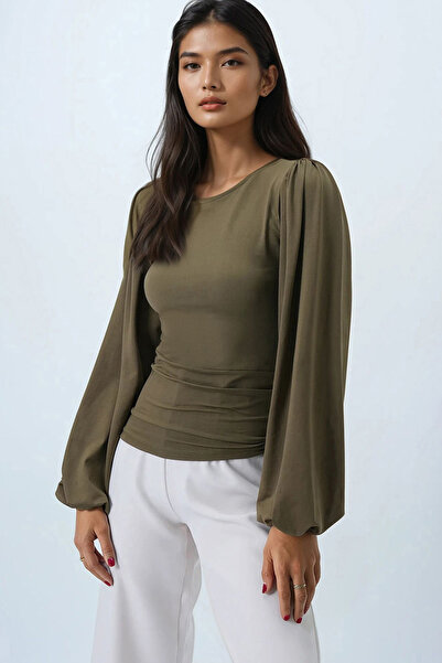 Trend Alaçatı Stili Women's Olive Green Princess Sleeve Sandy Blouse with Waist Corset Alc-X14398