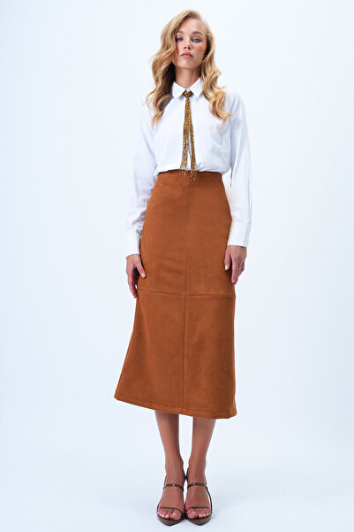 Trend Alaçatı Stili Дамска пола Taba Maxi с скрит цип и шевове, изкуствена кожа, Alc-X14407