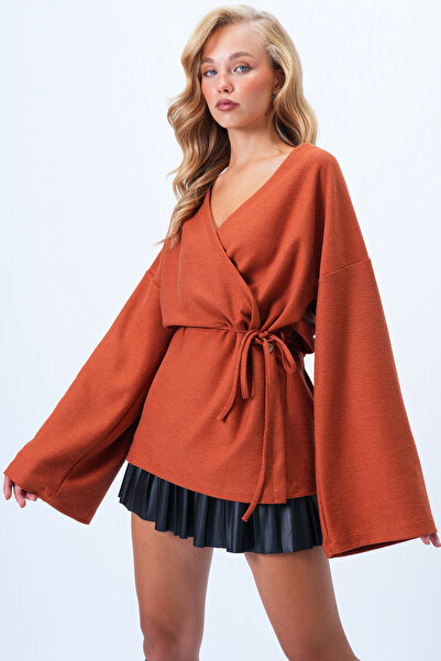 Trend Alaçatı Stili Zweireihige Damen-Strickjacke mit V-Ausschnitt und Schnürdetail Alc-X14410