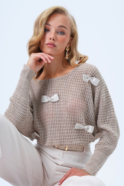 Trend Alaçatı Stili Women's Beige Crew Neck Bow Detailed Knitwear Blouse Alc-X14373