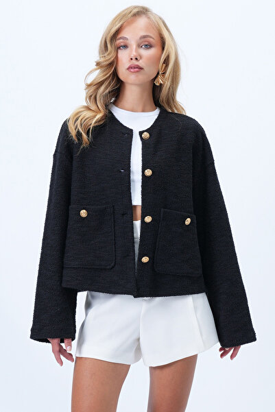 Trend Alaçatı Stili Dámská černá bunda s texturou a dvojitými kapsami Alc-X14375