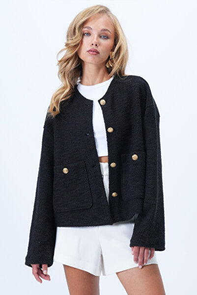 Trend Alaçatı Stili Dámská černá bunda s texturou a dvojitými kapsami Alc-X14375