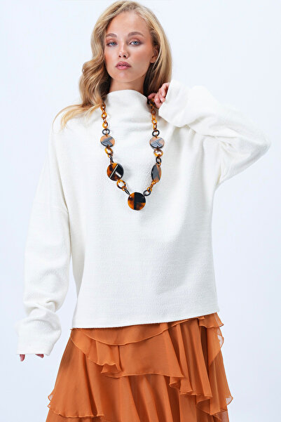 Trend Alaçatı Stili Women's Ecru Wide Stand Collar Self Textured Low Sleeve Oversize Blouse Alc-X14369