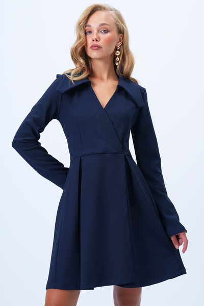 Trend Alaçatı Stili Women's Navy Blue Double Breasted Cutout Pleated Detailed Slit Mini Dress Alc-X14427