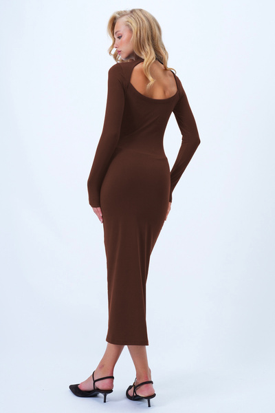 Trend Alaçatı Stili Women's Cinnamon Brown Stand Collar Backless Maxi Length Sandy Dress Alc-X14385