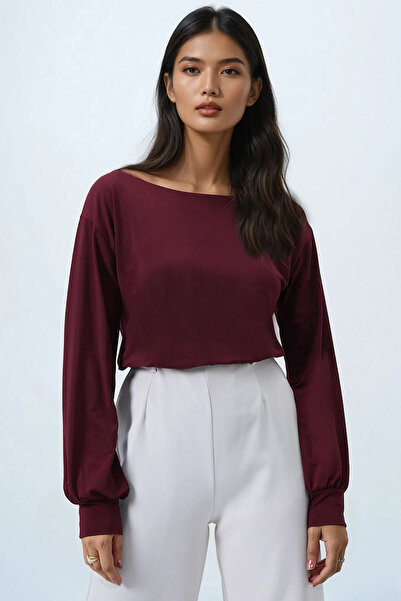 Trend Alaçatı Stili Kadın Bordo Kayık Yaka Kolları Manşetli  Bluz Alc-X14393