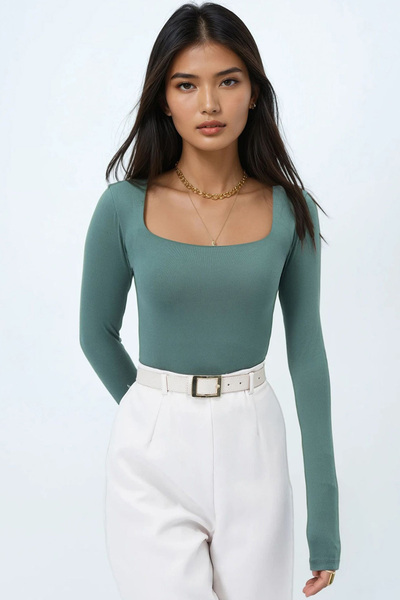 Trend Alaçatı Stili Salopetă pentru femei, verde măsliniu, cu gât pătrat, cu închidere cu nasturi în jos, Alc-X14390