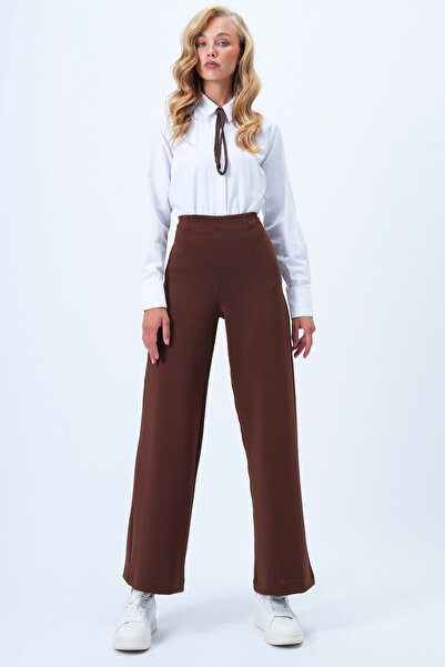 Trend Alaçatı Stili Kadın Acı Kahve Pens Detaylı Örme Palazzo Pantolon Alc-X14432