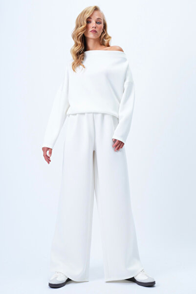 Trend Alaçatı Stili Weißes Damen-Blusen- und Hosen-Set mit weitem Kragen und entspanntem Schnitt Alc-X14413