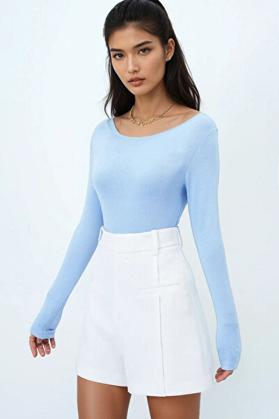 Trend Alaçatı Stili Kadın Bebe Mavi Kayık Yaka Basic Bluz Alc-X14395