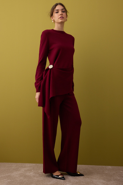 Trendyol Modest Βουργουνδία Regular Διπλή Πλάκα Απλό Πλεκτό Hijab Κάτω - Πάνω Σετ TCTAW26US00026