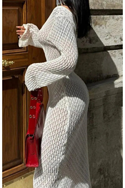 Butik Λευκό Maxi Size Pearl Agraf Λεπτομερές ανοιχτόχρωμο/διάτρητο καλοκαιρινό φόρεμα Ss25el0003