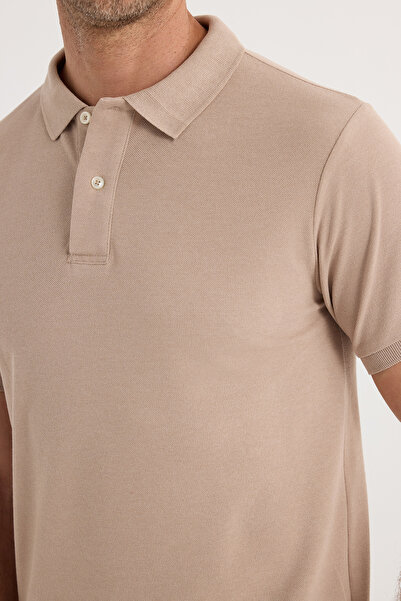 Tudors Men's Slim Fit Slim Fit Cotton Soft Textured Cool Holding Fabric Plain Pique Beige Polo Collar T-Shirt