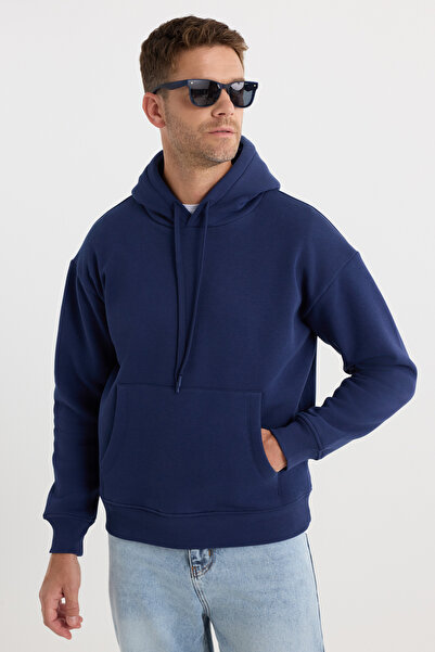 Tudors Unisex Oversize Geniş Kesim Pamuklu Yumuşak Dokulu Içi Polarlı Basic Lacivert Kapüşonlu Sweatshirt
