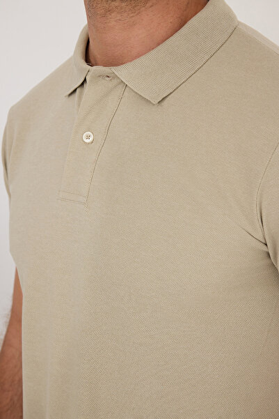 Tudors Men's Slim Fit Slim Fit Cotton Soft Textured Cool Holding Fabric Plain Pique Beige Polo Collar T-Shirt