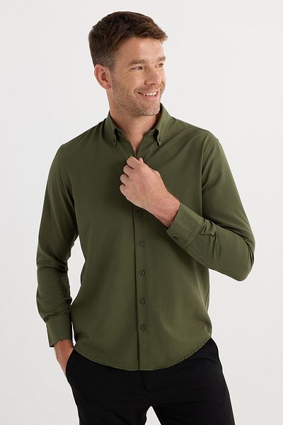 Tudors Regular Fit Button Collar Cotton Easy Iron Oxford Plain Men's Khaki Shirt