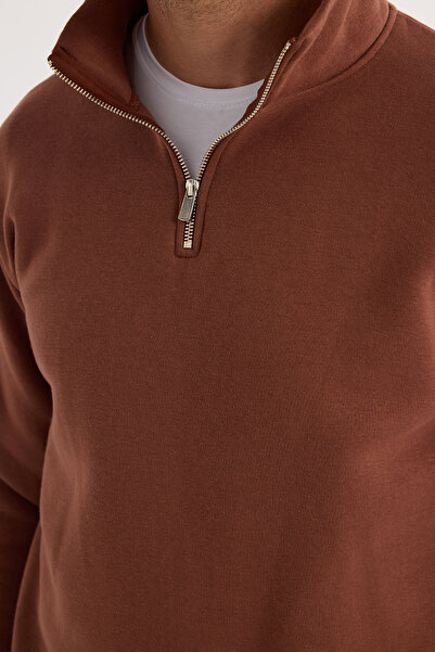 Tudors Unisex Relax Fit Rahat Kesim Pamuklu Içi Polarlı Yarım Fermuarlı Kahverengi Dik Yaka Sweatshirt
