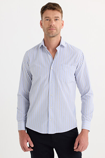 Tudors Erkek Regular Fit Klasik Kesim İnce Çizgili Pamuklu Kravatlık Yaka Gömlek