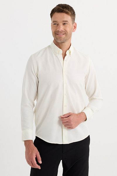 Tudors Regular Fit Button Collar Cotton Easy Iron Oxford Plain Men's Ecru Shirt