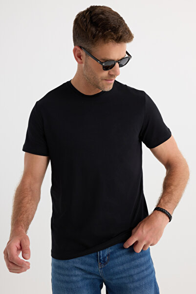 Tudors Ανδρικό μπλουζάκι Slim Fit Slim Fit Βαμβακερή απαλή υφή ελαστικό ύφασμα Απλό βασικό μαύρο μπλουζάκι με λαιμόκοψη