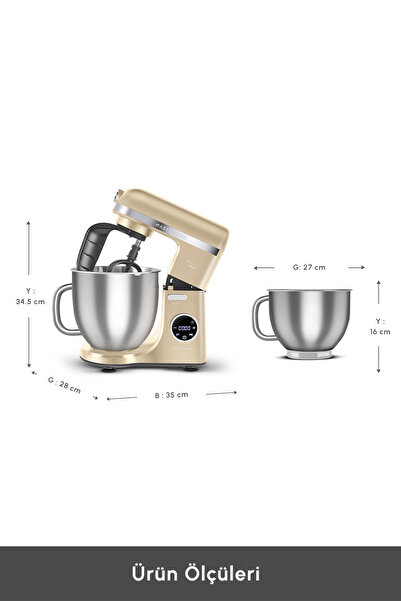 Karaca Mastermaid Chef Ultra D2000W Dijital Ekranlı Hamur Yoğurma Makinesi Mineral Gold 7L