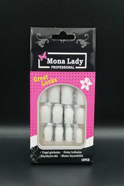 Mona Lady 12'li Mat Beyaz Takma Tırnak Protez Tırnak Yapıştırıcı Hediyeli-kıs...