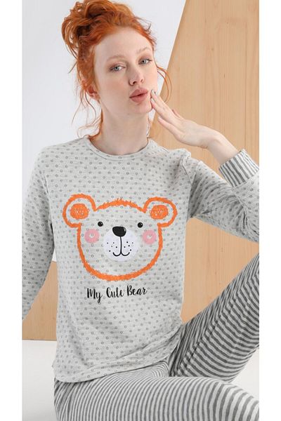 Sevim 13031 Set pijama cu mâneci lungi cu dungi gri cu puncte