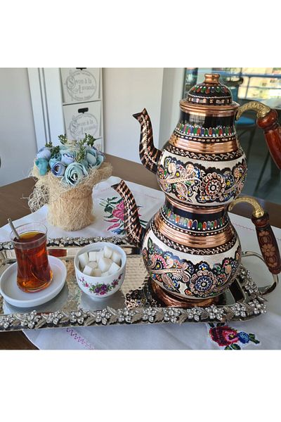 Alone Large Size Copper Teapot with Erzinjanian Wooden Handle Patterned Teapot Tea Pot