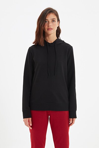 Trendyol Collection Černá Tenká pletená mikina Regular/Normal Fit Basic s kapucí TWOAW20SW0059