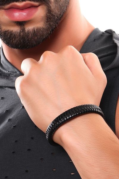 LABALABA Men's Black Color Flat Braided Leather Bracelet