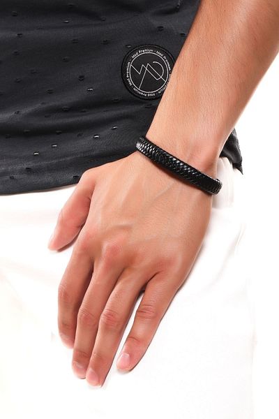 LABALABA Men's Black Color Flat Braided Leather Bracelet