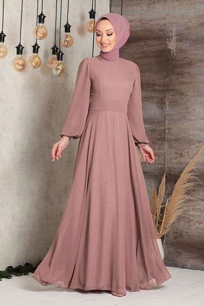 Neva Style Rochie de seara Hijab Maneca cu balon Powder Rochie de seara Hijab 5470pd