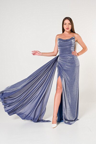 SpringStore Indigo Straplez Simli Yırtmaçlı Abiye Elbise