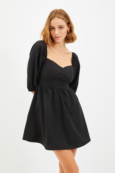Trendyol Collection Černé mini tkané šaty s balónkovým otvorem do pasu TWOAW22EL0210
