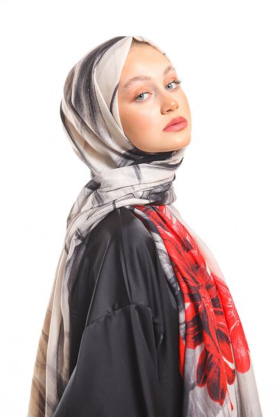 19V69 ITALIA Cream Red Shawl Geometric Floral Pattern Pavia Series with Scarf Hanger 90x200 Cm