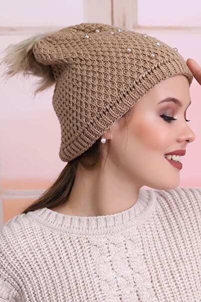 Deafox Brown Stone Detailed Pompom Beret