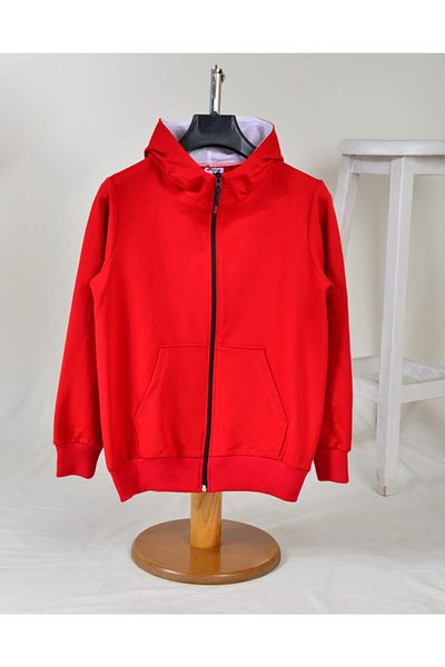KİDSPİTİRCİK Unisex Kids Red Zippered Hooded 2 Thread Combed Cotton Cardigan 4-season