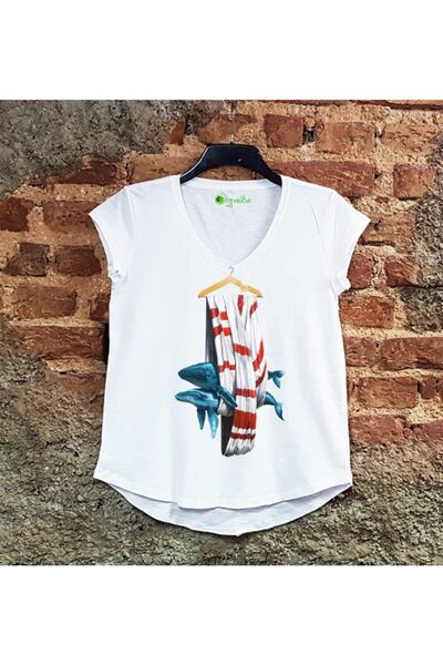 organikse تي شيرت نسائي أبيض كاجوال مطبوع عليه حوت عضوي