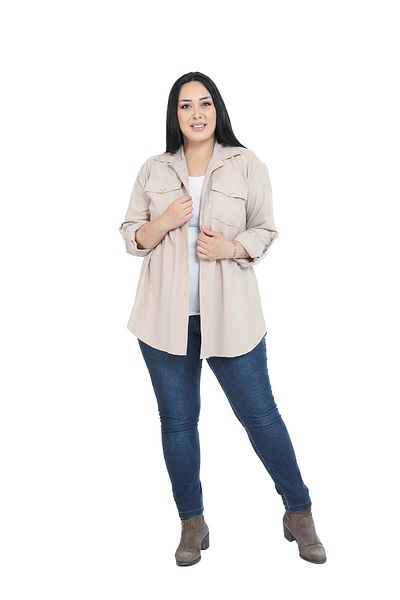 DISENTIS MODEST Plus Size Shirt Collar Chest Double Pocket Stone Color Shirt