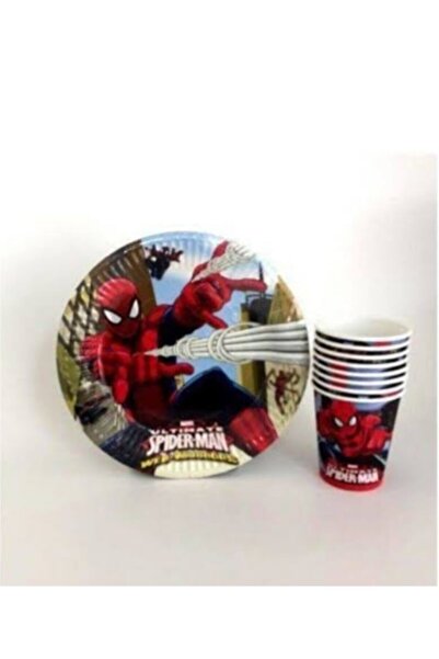 Dipak 8 أطباق كرتون بتصميم سبايدرمان (22 سم) + 8 أكواب كرتون