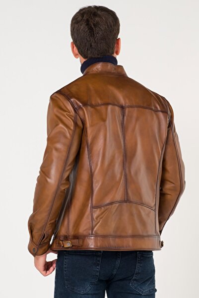 AtakGiyim Erkek Açık Kahve Dik Yaka Hakiki Deri Mont Ceket