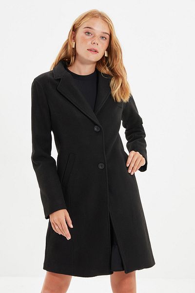Trendyol Collection Schwarzer, taillierter, langer Kaschmirmantel aus Wolle