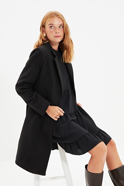 Trendyol Collection Černý vypasovaný dlouhý vlněný kašmírový kabát