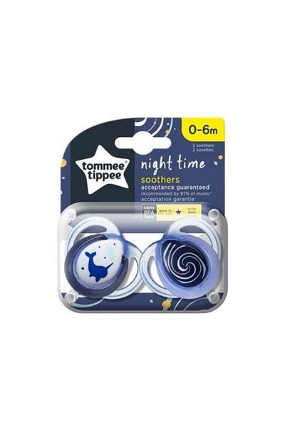 tommee tippee Night Time 2 Pack Orthodontic Silicone Pacifier 0-6 Months Age Range Blue