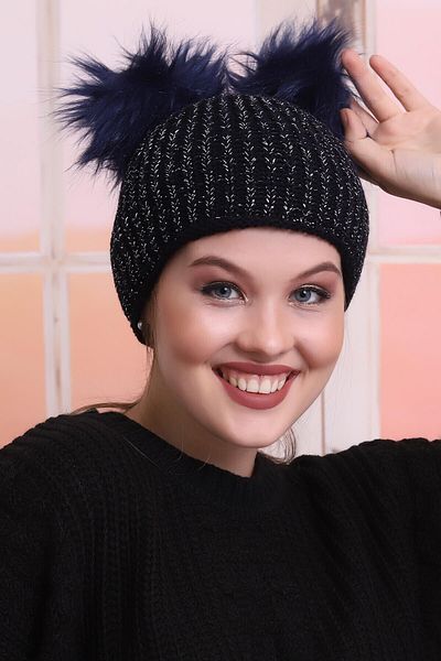 Deafox Γυναικείος Μπερέ Navy Blue Double Pompom