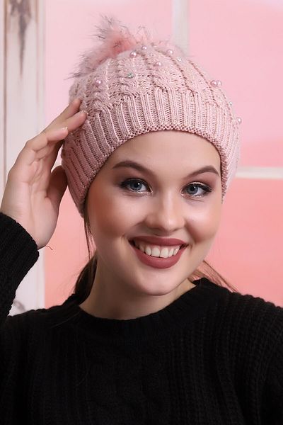 Deafox Pink Stone Detail Knitted Patterned Beret