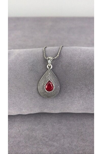 BEY SİLVER Telkari Yakut Taşlı Parmak Izi Damla Gümüş Kadın Kolye