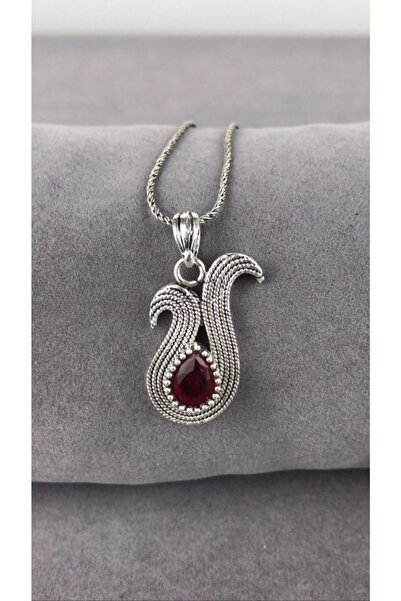 BEY SİLVER Telkari Yakut Taşlı Parmak Izi Lale Gümüş Kadın Kolye