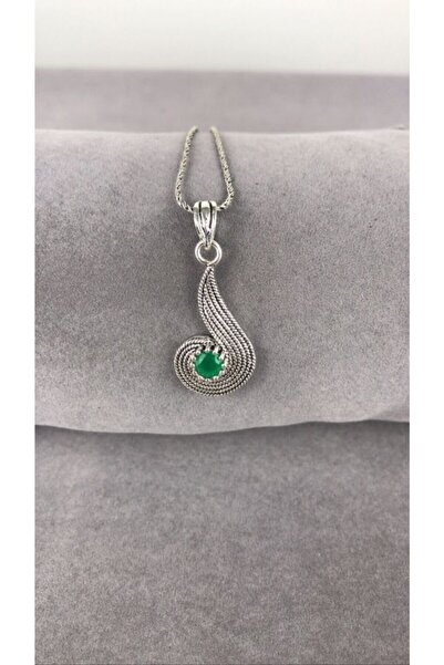 BEY SİLVER Telkari Zümrüt Taşlı Parmak Izi Su Damlası Gümüş Kadın Kolye