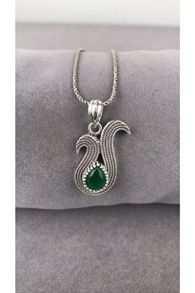 BEY SİLVER Telkari Zümrüt Taşlı Parmak Izi Lale Gümüş Kadın Kolye